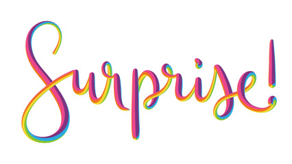 Fototapeta na wymiar SURPRISE! colorful 3D effect brush lettering banner on transparent background