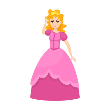 recommend clip art: Young beautiful princess in pink dress adjusts crown on head, cartoon vector illustration. Elegant fairytale women in colored costume and dress