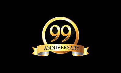 99 year anniversary logo celebration with ring and ribbon. 99th Anniversary celebration. Gold Luxury Banner of  99th Anniversary celebration. Vector anniversary