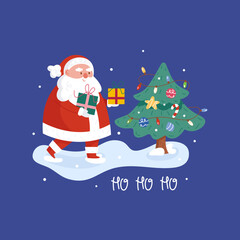 Santa Claus is putting gifts under Christmas tree. Santa. Present. Fir tree. Flat, cartoon. Isolated vector illustration eps 10