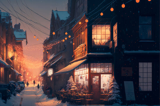 Christmas coffee shop with snow and warm light decoration in winter season. Cafe shop on the street. Winter landscape wallpaper. Christmas Holiday illustration. Generative AI