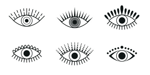 Set of vector eye icons in boho style for design and tattoo