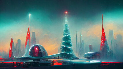 futuristic city Christmas background. Modern future city scape with skyscrapers and Christmas decorations. Painted style.