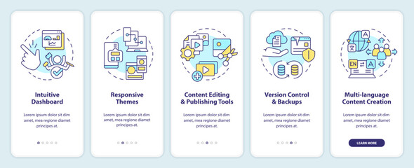 Key CMS features onboarding mobile app screen. Content management walkthrough 5 steps editable graphic instructions with linear concepts. UI, UX, GUI template. Myriad Pro-Bold, Regular fonts used
