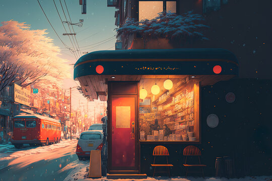 Christmas coffee shop with snow and warm light decoration in winter season. Cafe shop on the street. Winter landscape wallpaper. Christmas Holiday illustration. 