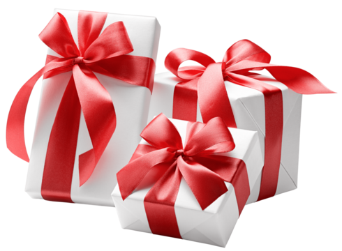 White gift boxes with red bows 