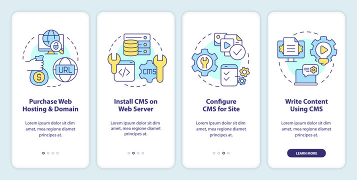 Building website with CMS onboarding mobile app screen. Platform walkthrough 4 steps editable graphic instructions with linear concepts. UI, UX, GUI template. Myriad Pro-Bold, Regular fonts used