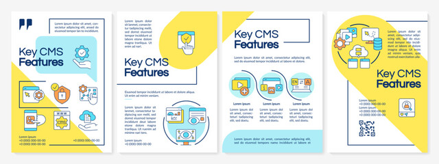 Key CMS features blue and yellow brochure template. Optimize website. Leaflet design with linear icons. Editable 4 vector layouts for presentation, annual reports. Questrial, Lato Regular fonts used © bsd studio