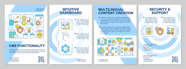 Naklejka premium CMS features blue brochure template. Platform tools. Leaflet design with linear icons. Editable 4 vector layouts for presentation, annual reports. Arial, Myriad Pro-Regular fonts used