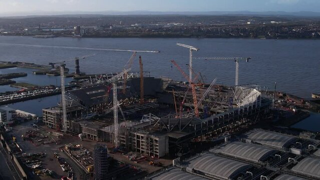 Aerial view of Everton Football Club's new Waterfront Stadium under construction with Mersey River in background
