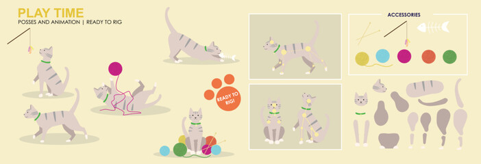 Cute Grey Tabby cat play time, playing with balls of wool and knitting, multiple poses, positions. Vector broken down ready to rig and animate, cartoon cat playing. Playing cat cartoon.	
