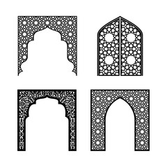 A set of openwork arches in silhouette style for laser cutting, printing and design. Vector illustration. - obrazy, fototapety, plakaty