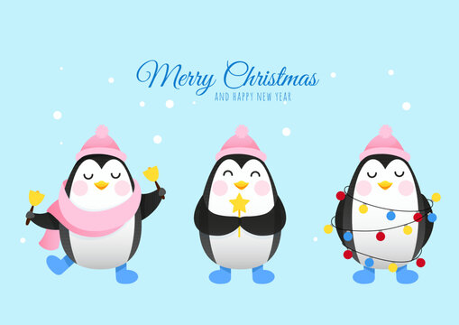 Three cute penguins with a New Year's garland wish Merry Christmas