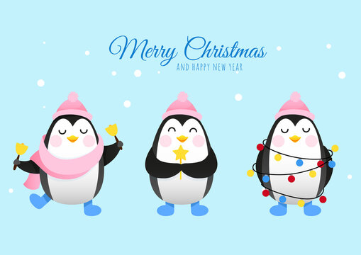 Three cute penguins with a New Year's garland wish Merry Christmas
