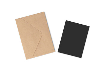 Kraft paper envelope with black postcard mockup isolated on white background. 3d rendering.