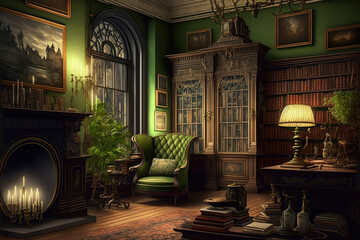 AI generated image of very luxurious interiors on a vintage Victorian era mansion 