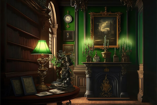 AI generated image of very luxurious interiors on a vintage Victorian era mansion 