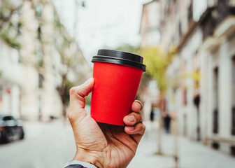 Hand of a man holding a red paper cup coffee