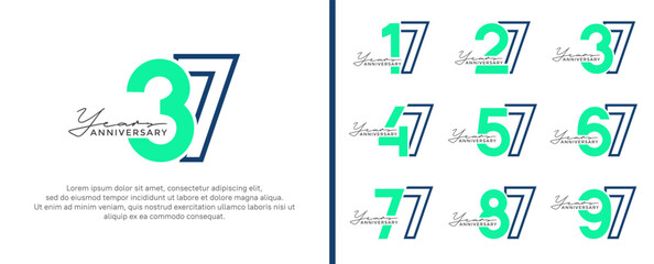 set of anniversary logo style flat blue and green on white background for celebration