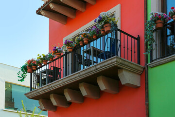 Buildings with beautiful windows, balconies and potted flowers