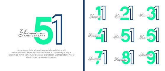 set of anniversary logo style flat blue and green on white background for celebration