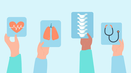Medical or health care symbols in hands flat vector illustration. Stethoscope, heartbeats and lungs sign, bone X-ray or scan. Medicine, hospital concept for banner, website design or landing web page