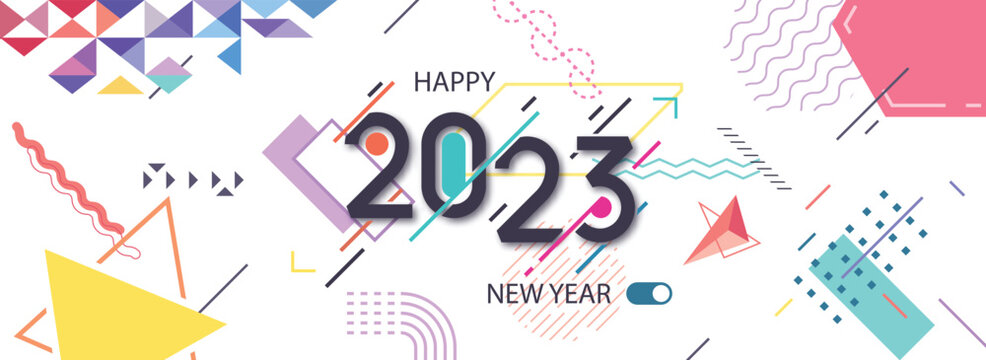 Happy new year 2023. New year design template with typography. Colorful vector illustration with moderns abstract geometric design. Suitable for background, banner, greeting card, cover etc.