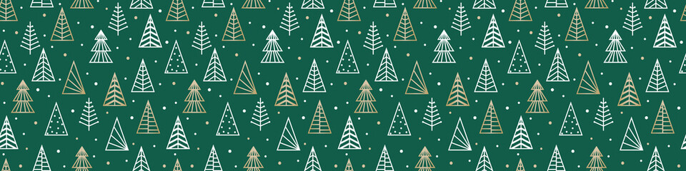 Seamless pattern with golden Christmas trees. Wrapping paper concept. Banner. Vector illustration