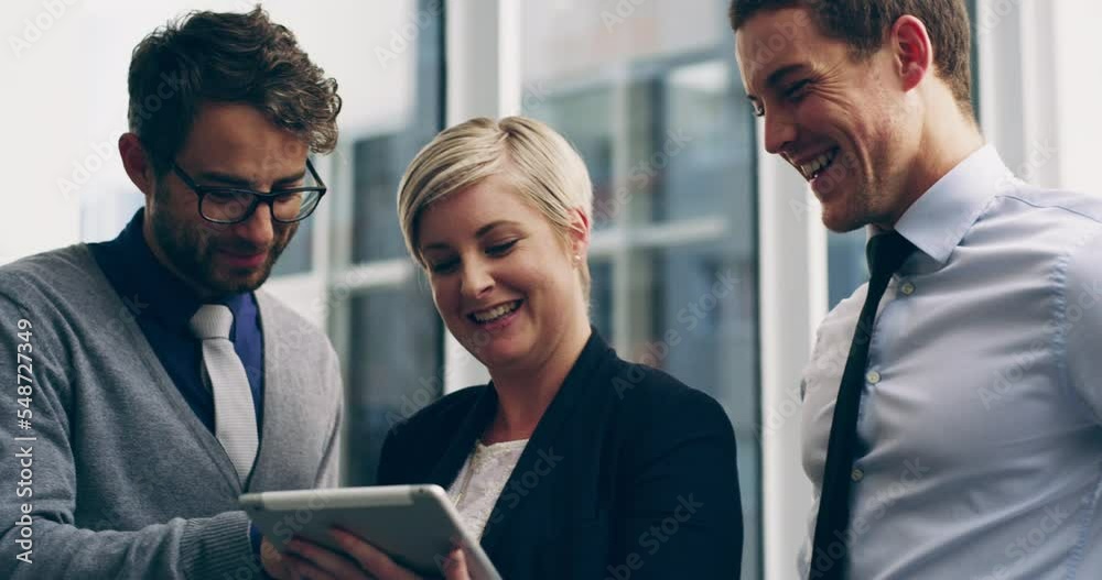 Aufkleber happy business people, tablet teamwork and office planning, staff collaboration and working online, 