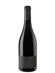 Isolated red wine bottle with blank black label.