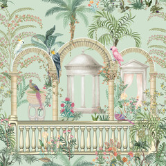 Fototapeta premium Mughal eastern garden arch, palace, bird, parrot illustration pattern