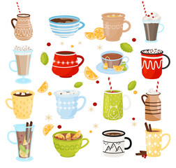 Set of cute mugs with hot cocoa, coffee, tea. Christmas and New Year hot drinks collection cartoon vector