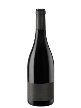 Isolated red wine bottle with blank black label.