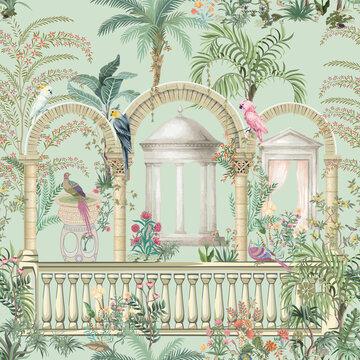 Mughal eastern garden arch, palace, bird, parrot illustration pattern
