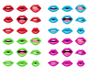 Fototapeta na wymiar Female mouths with colorful lipstick vector illustrations set. Collection of cartoon drawings of lips of woman of different colors isolated on white background. Emotion, makeup, beauty concept
