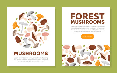 Forest mushrooms mobile app and card templates set. Mushrooms web banner, flyer template set cartoon vector