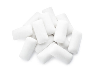 Heap of chewing gum pieces on white background, top view