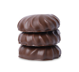 Delicious chocolate covered marshmallows isolated on white
