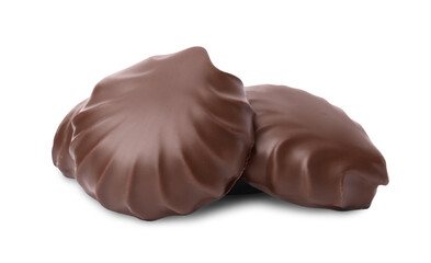 Delicious chocolate covered marshmallows isolated on white