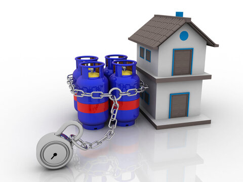 3D rendering illustration Gas Cylinder protection lock with home