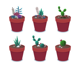 Cactuses in red pots vector illustrations set. Collection of cartoon drawings of cacti, succulents, aloe isolated on white background. Houseplants, nature, botany, decoration concept