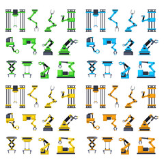 Industrial robotic arms or equipment vector illustrations set. Cartoon drawings of mechanic tools or instruments for manufacturing on white background. Technology, automation, industry concept