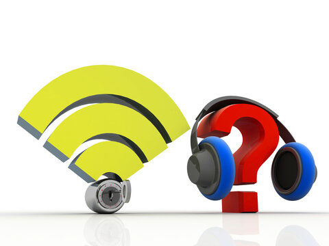 3d rendering question mark connected headphone near WiFi Sign