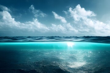 Fototapeta na wymiar Split level view. Half underwater. Sparkling waves. Summer scene. 
