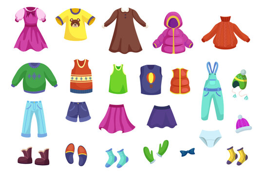 Children clothes for different seasons vector illustrations set. Clothing for boys and girls, winter and summer outfits for kids isolated on white background. Fashion, childhood, weather concept