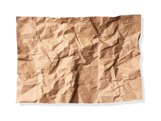 Crumpled kraft paper sheet isolated on white, top view