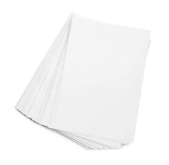 Pile of paper sheets on white background, top view