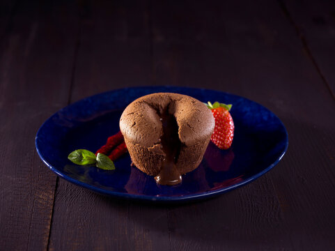 souffle and melted chocolate with strawberries