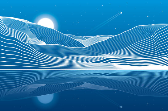 Night landscape. The mountains are reflected in the lake. Outline illustration. Moon and stars. Vector design art