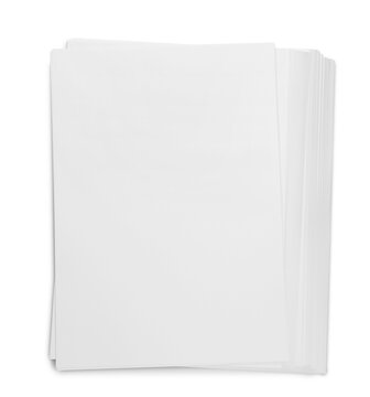 Pile of paper sheets on white background, top view